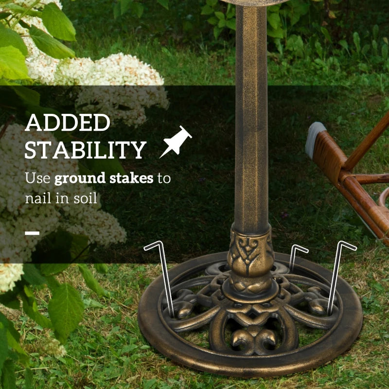 Bronze-tone standing bird bath with ornate circular base and fluted pedestal