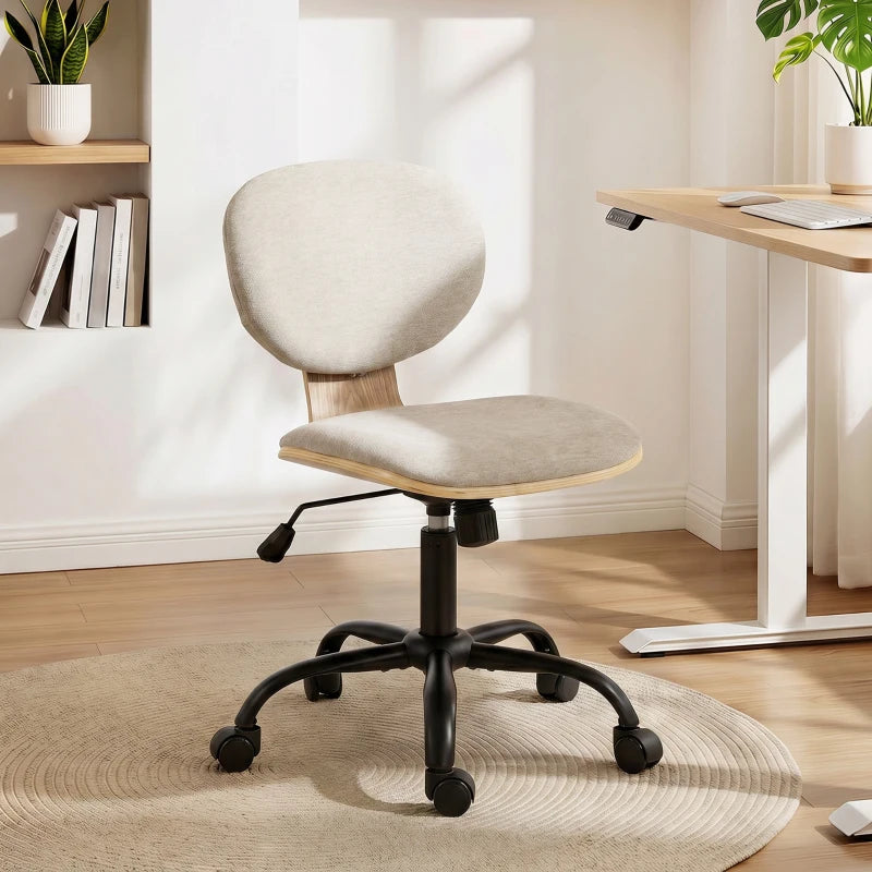 Light grey office chair with curved upholstered back, swivel base, and rolling caster wheels.