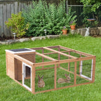 Outdoor rabbit hutch run cage with wooden walls, wire mesh, and black asphalt roof