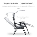 Grey zero-gravity lounge chair with shade cover and reclining padded seat