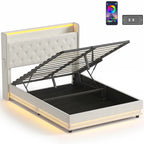 Cream upholstered platform bed frame with tufted headboard and hydraulic storage base