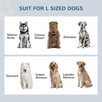 Dog size compatibility chart for the raised feeding station, showing multiple dog breeds.