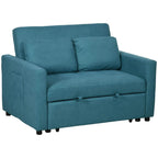 Blue loveseat sofa bed with two back cushions and padded armrests