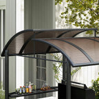 Dark grey grill gazebo side view with arched roof and side shelf ledge