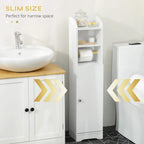 White slim bathroom cabinet with open shelving and a single lower storage door