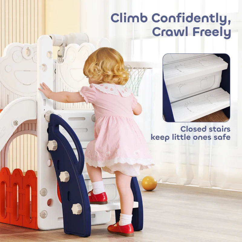 Kids slide playset with orange slide and navy climber, child at the stairs