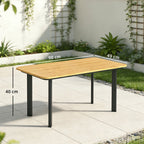 Outdoor garden coffee table with wood-toned slatted tabletop and rectangular metal legs
