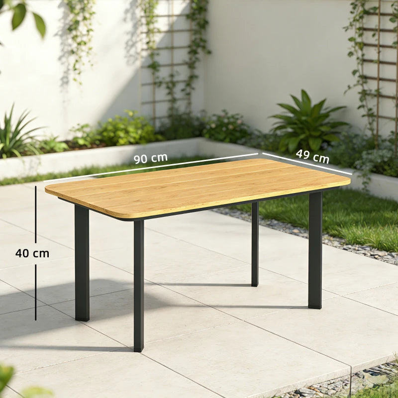 Outdoor garden coffee table with wood-toned slatted tabletop and rectangular metal legs