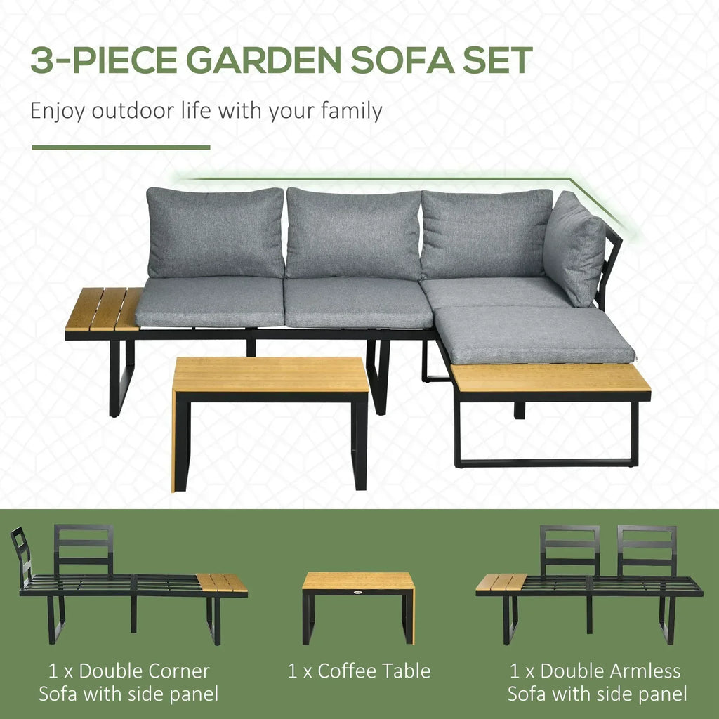 3 Pieces Patio Furniture Set, Outdoor Garden Sofa Conversation Set w/ Padded Cushions, Wood Grain Plastic Top Table and Side Panel, Dark Grey - Bobobiy