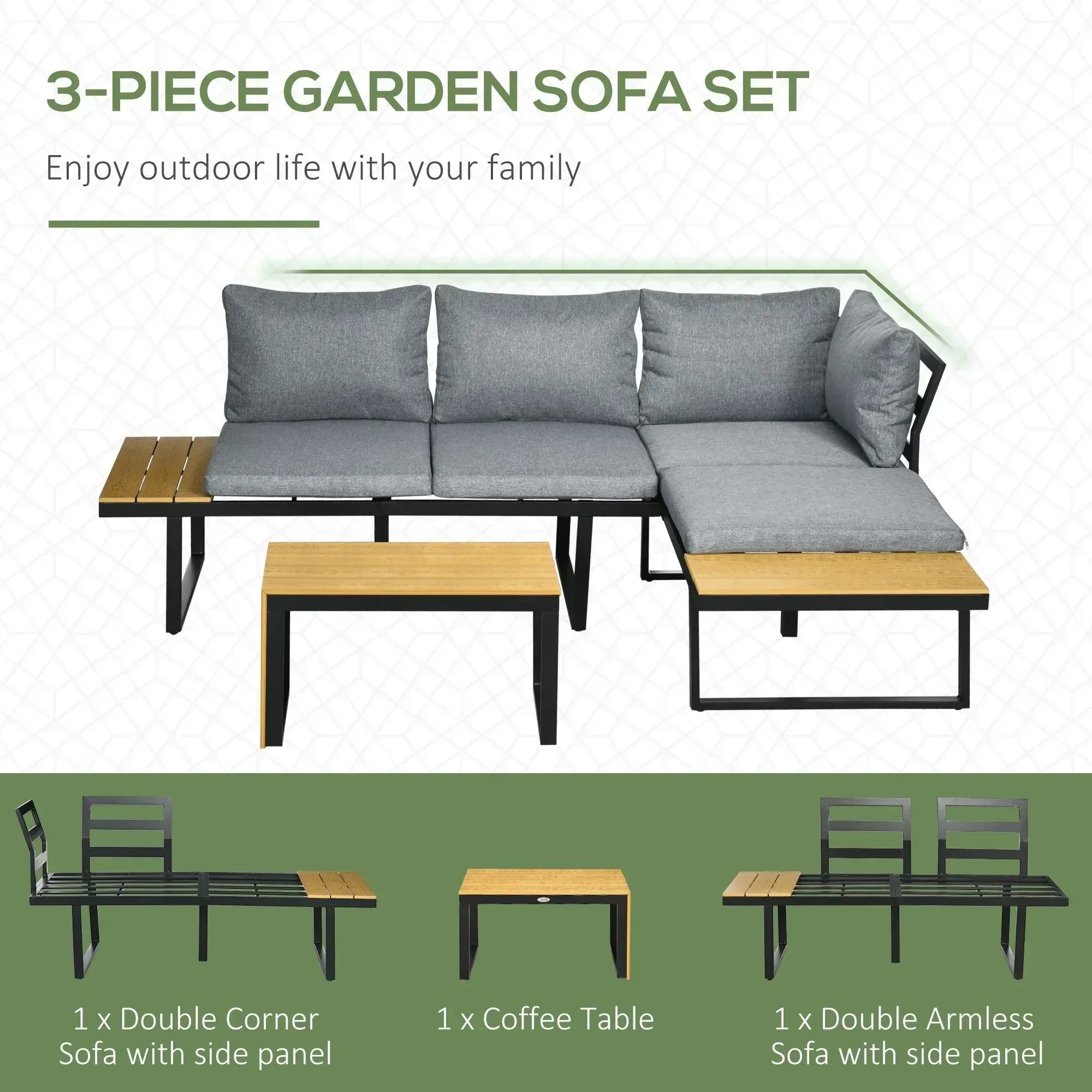 3 Pieces Patio Furniture Set, Outdoor Garden Sofa Conversation Set w/ Padded Cushions, Wood Grain Plastic Top Table and Side Panel, Dark Grey - Bobobiy