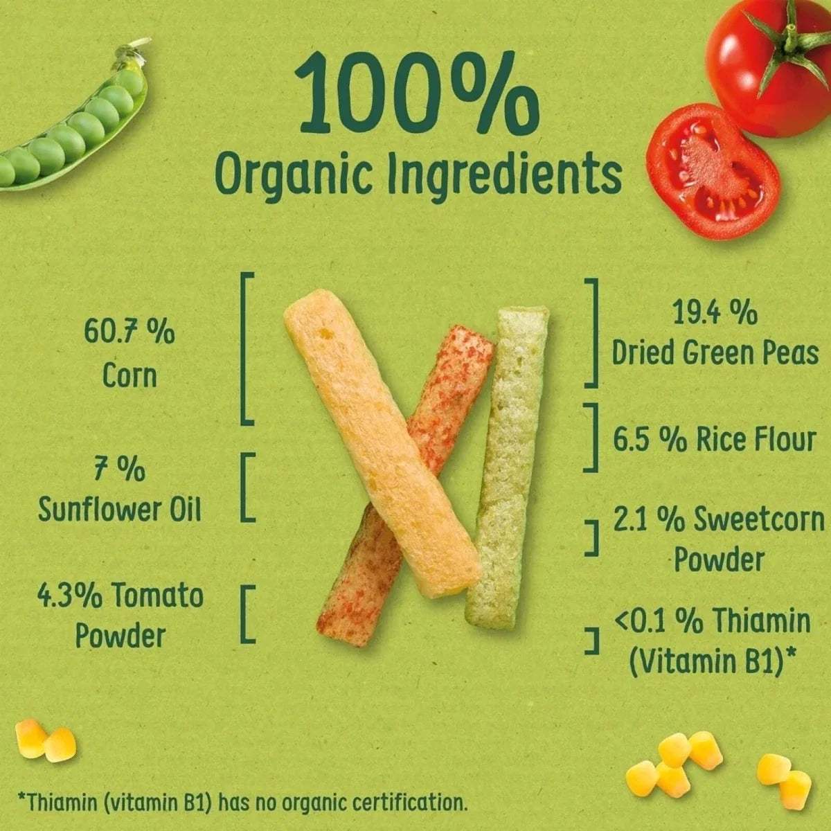 Organic veggie sticks ingredient panel: corn, green peas, rice flour, sweetcorn