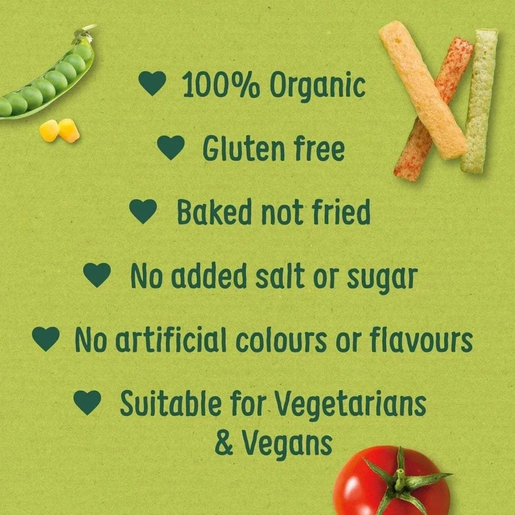 Organic gluten-free baked veggie sticks label: no added salt or sugar