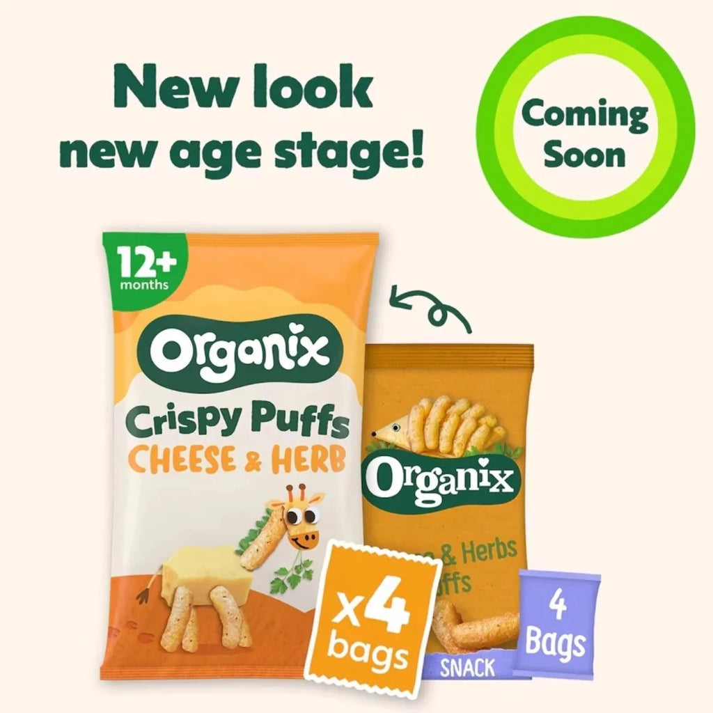 Organix crispy puffs cheese & herb snack bags, 12+ months, four-pack