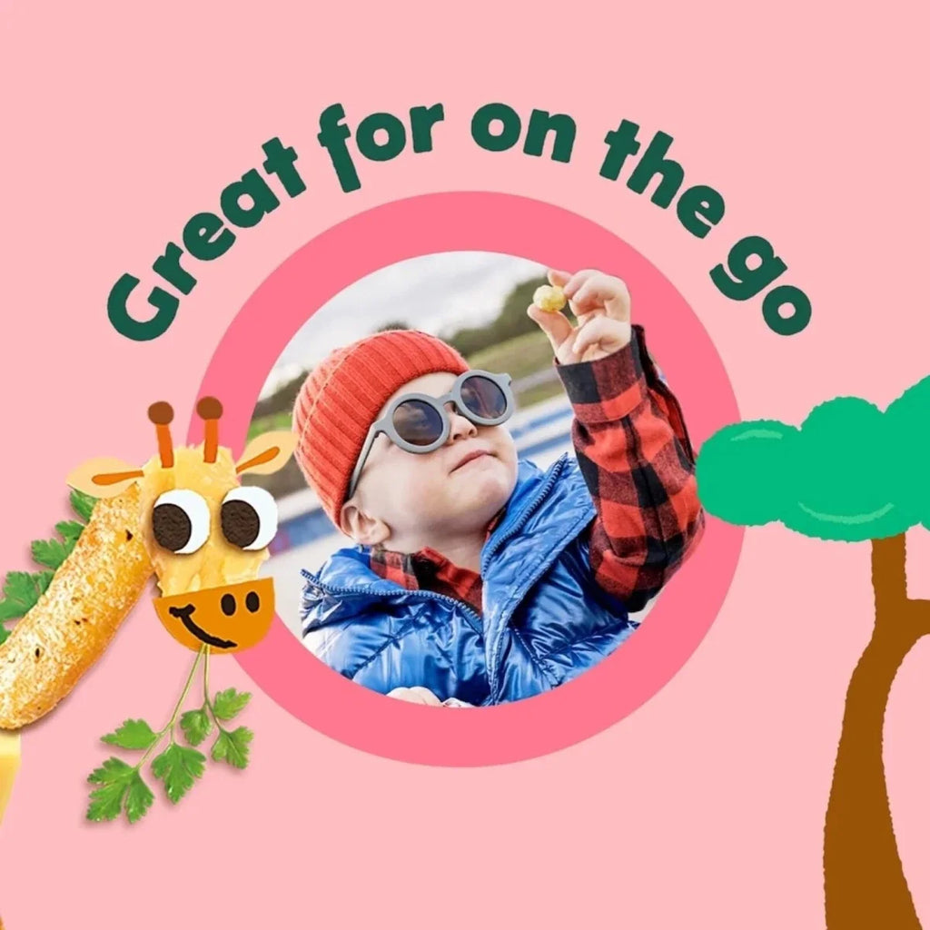 Cheese & herb puffs promo with cartoon giraffe holding puff pieces
