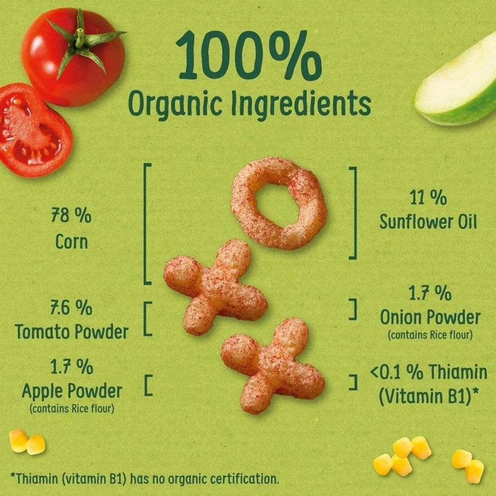 Organic snack puffs ingredients panel with 100% organic and percentage breakdown