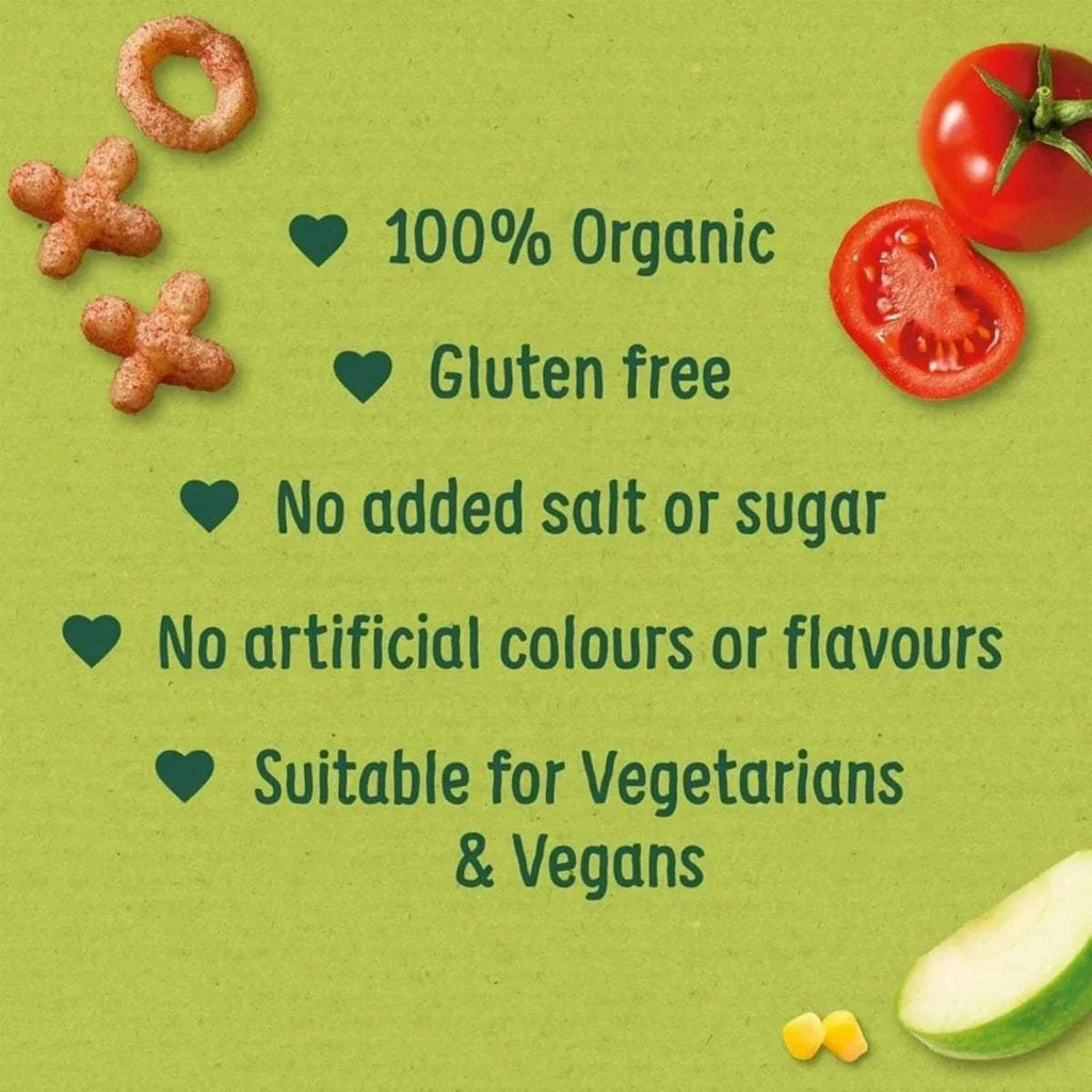 Organic snack puffs label: gluten free, no added salt or sugar, no artificial colours