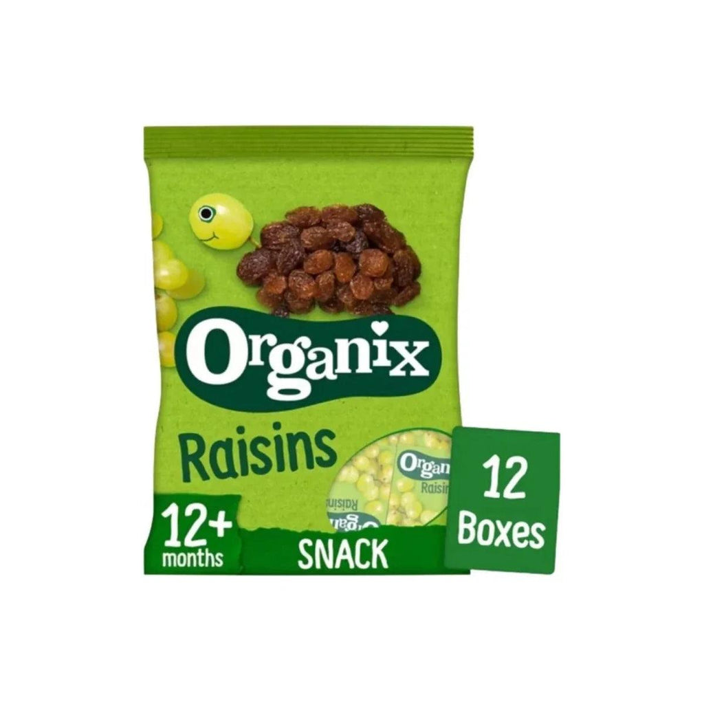 Organix Raisins snack pouch, green 12+ months, with raisins inside