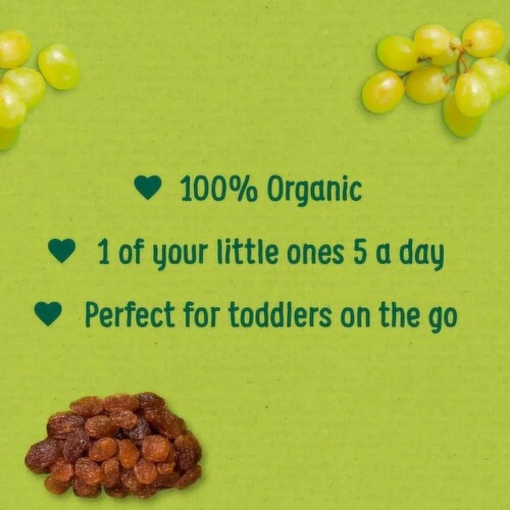 Green raisins pack panel with grapes and 100% organic, 12+ months text