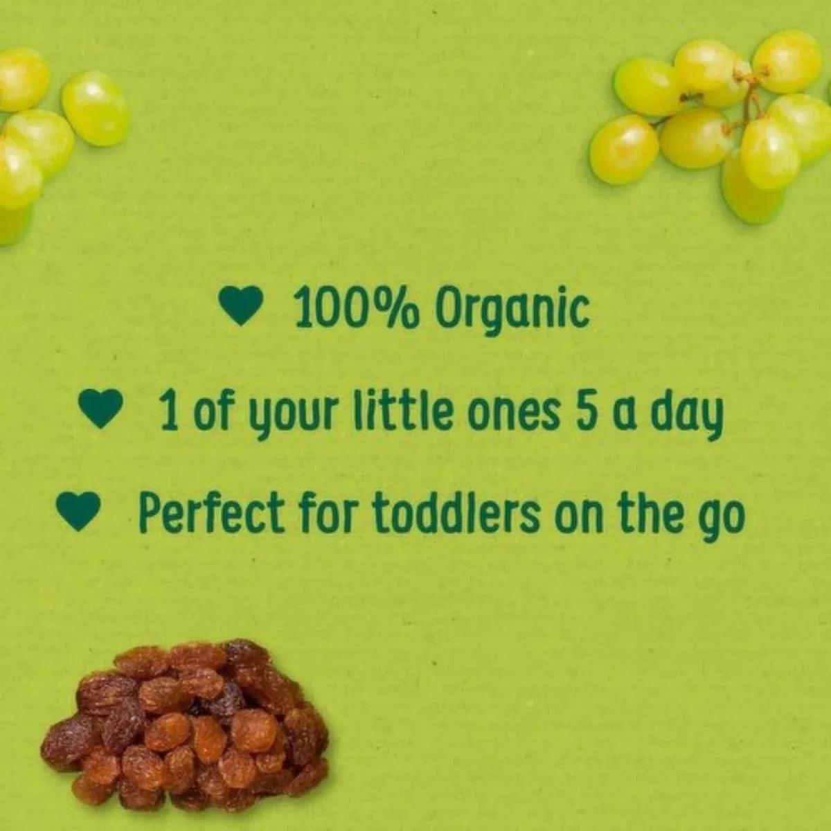 Green raisins pack panel with grapes and 100% organic, 12+ months text