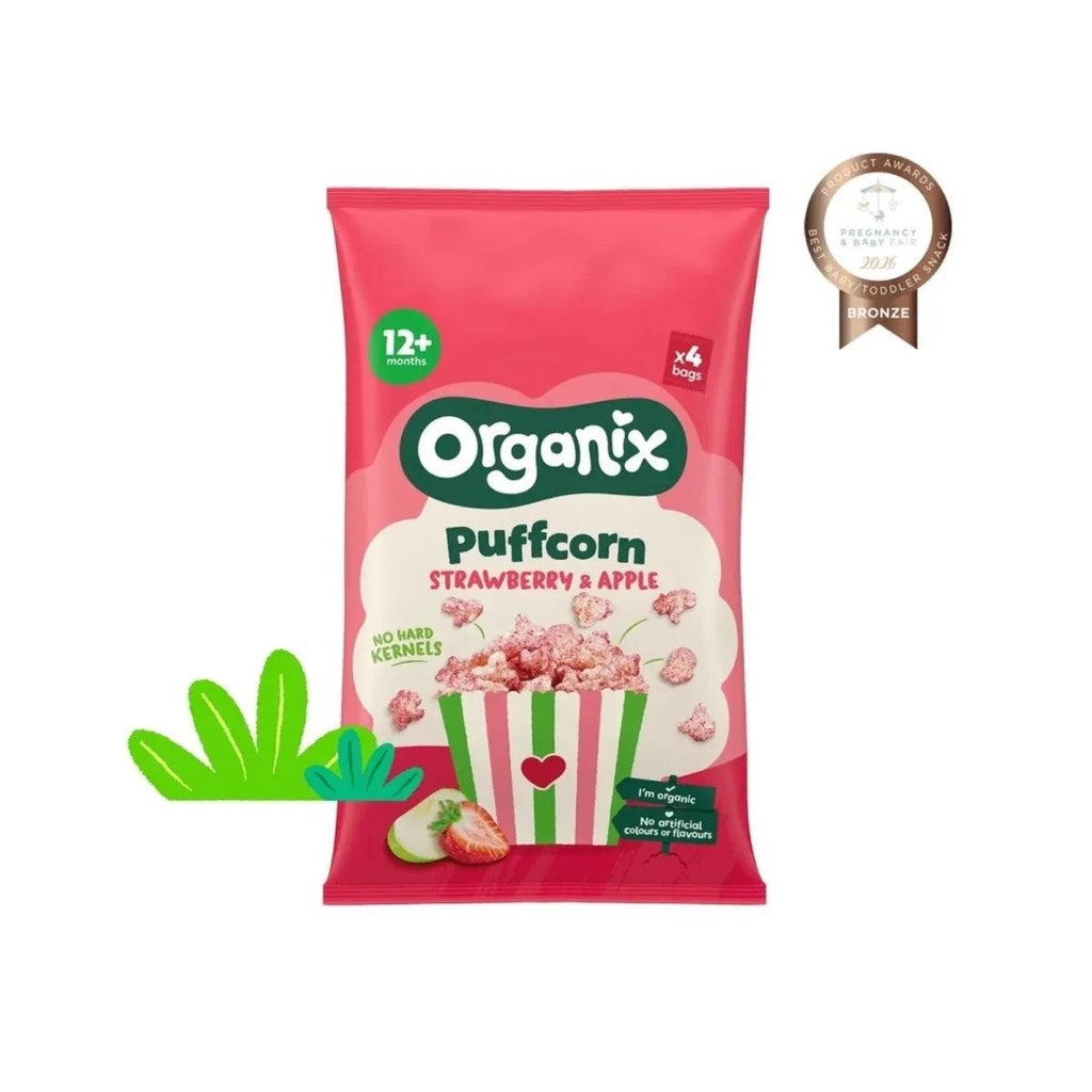 Pink-red Organix Puffcorn strawberry & apple snack bag with 12+ months label
