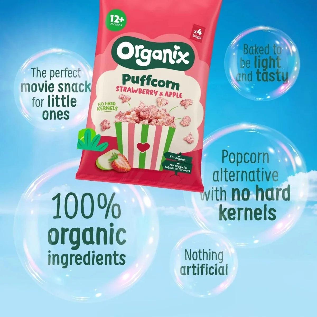 Organix Puffcorn strawberry & apple snack bag with 100% organic ingredients badge