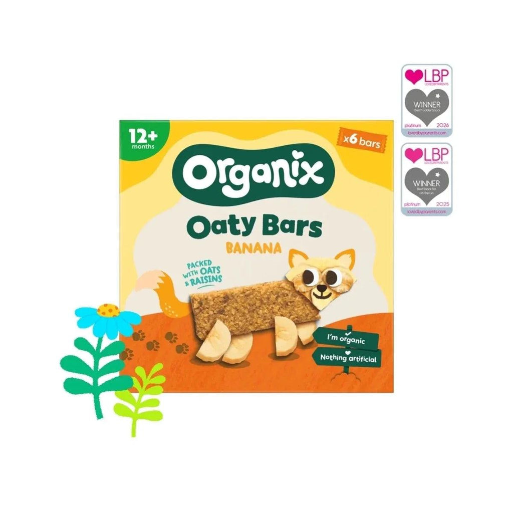 Organix banana oat bars box, 12+ months, x6 bars, award badge