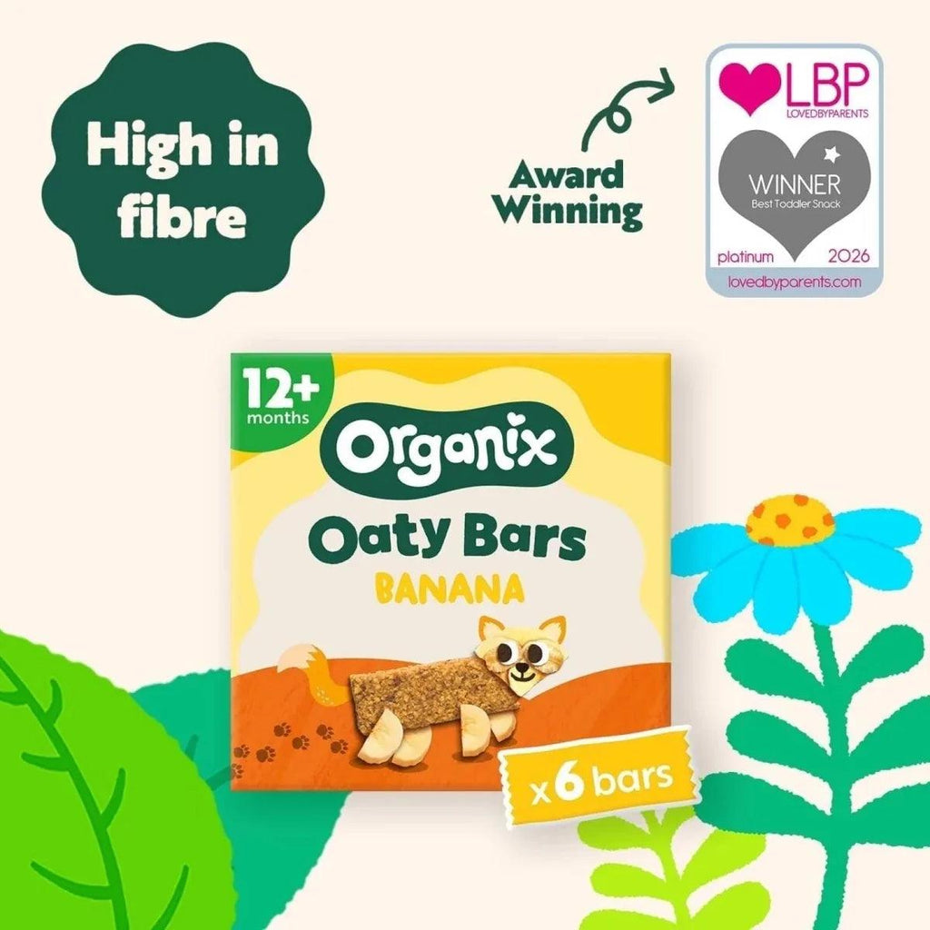 Organix banana oat bars box, 12+ months, x6 bars, high fibre badge