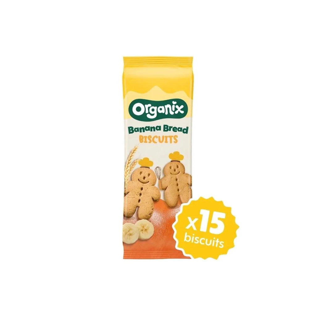 Organix banana bread biscuits bag, x15 label