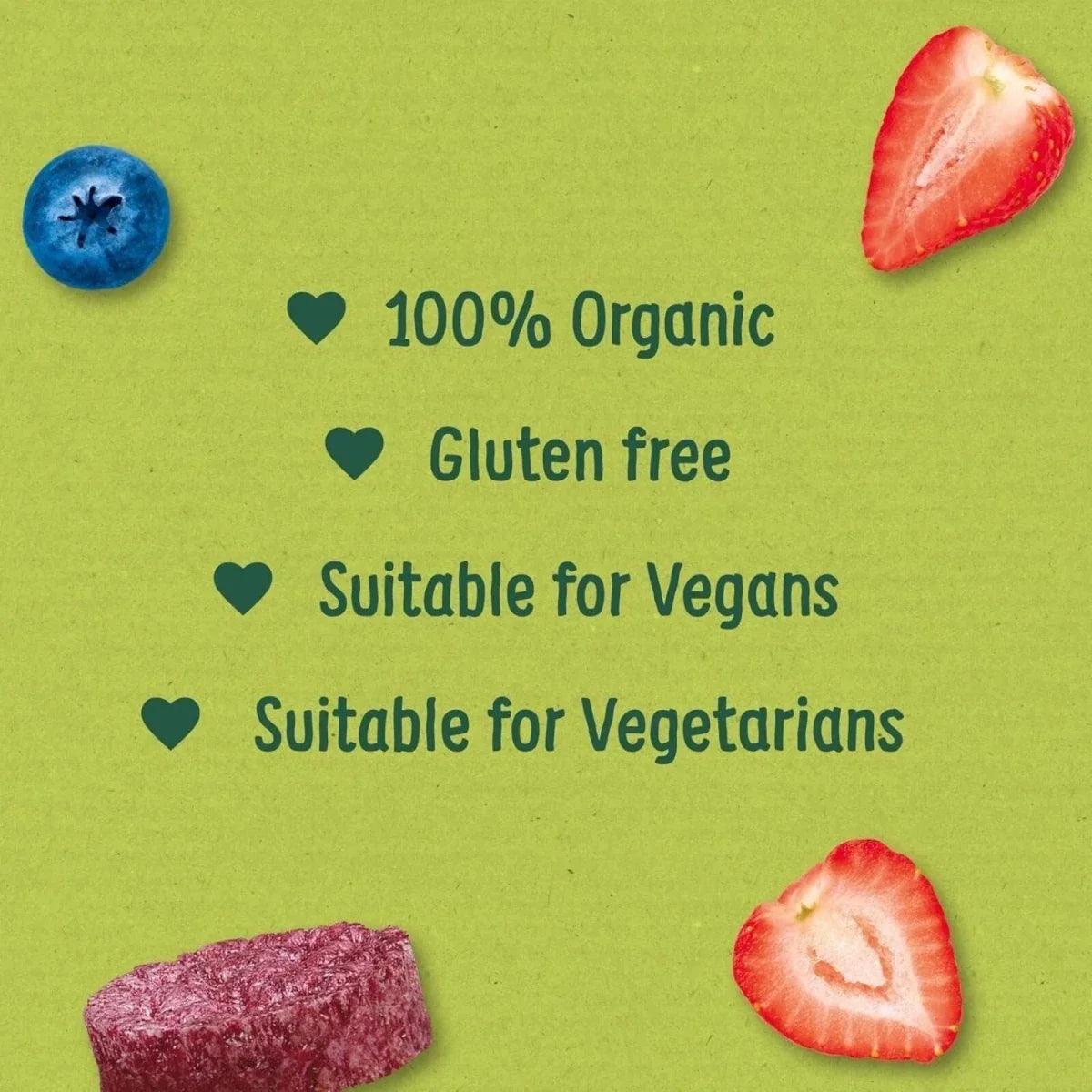 Purple summer fruits rice cakes with gluten-free vegan-friendly icons