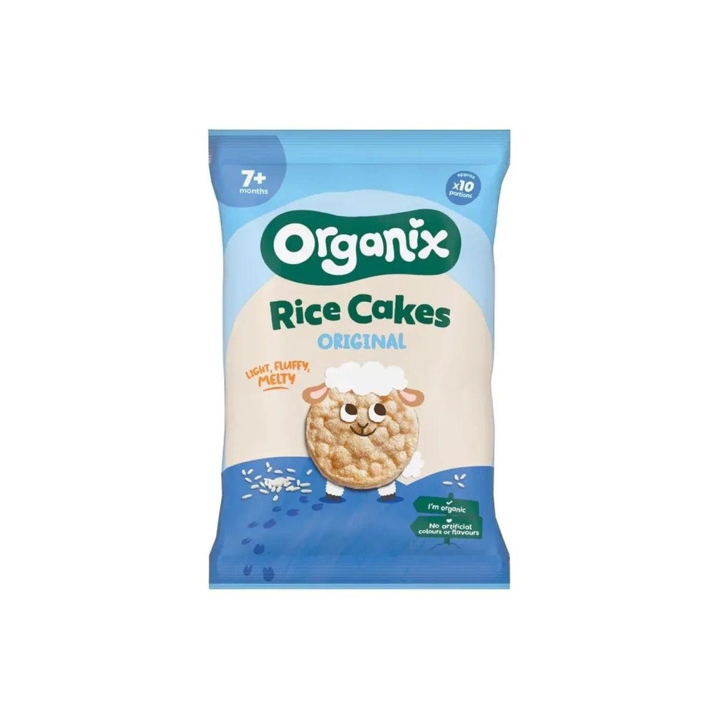Organix rice cakes Original baby snack pouch, blue pack with sheep cartoon.