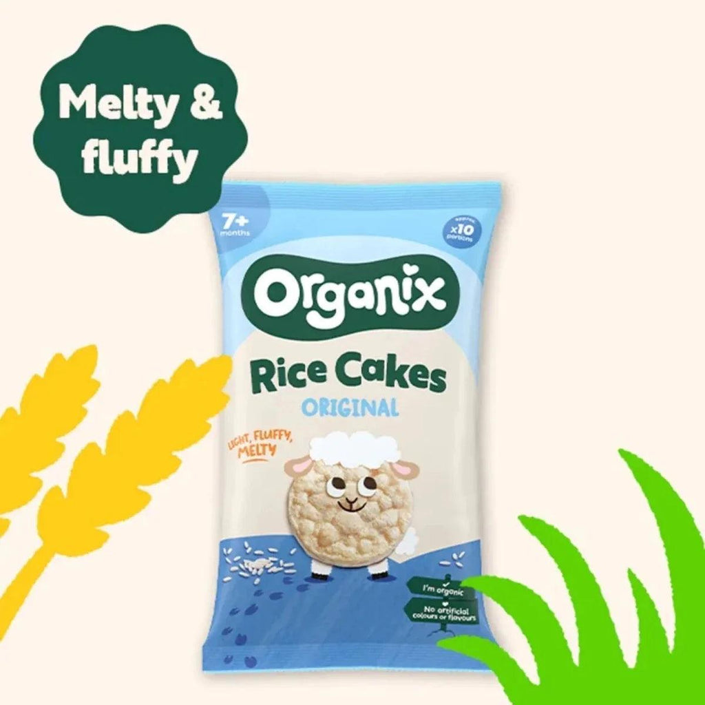 Organix Rice Cakes Original pouch with 'Melty & fluffy' label.