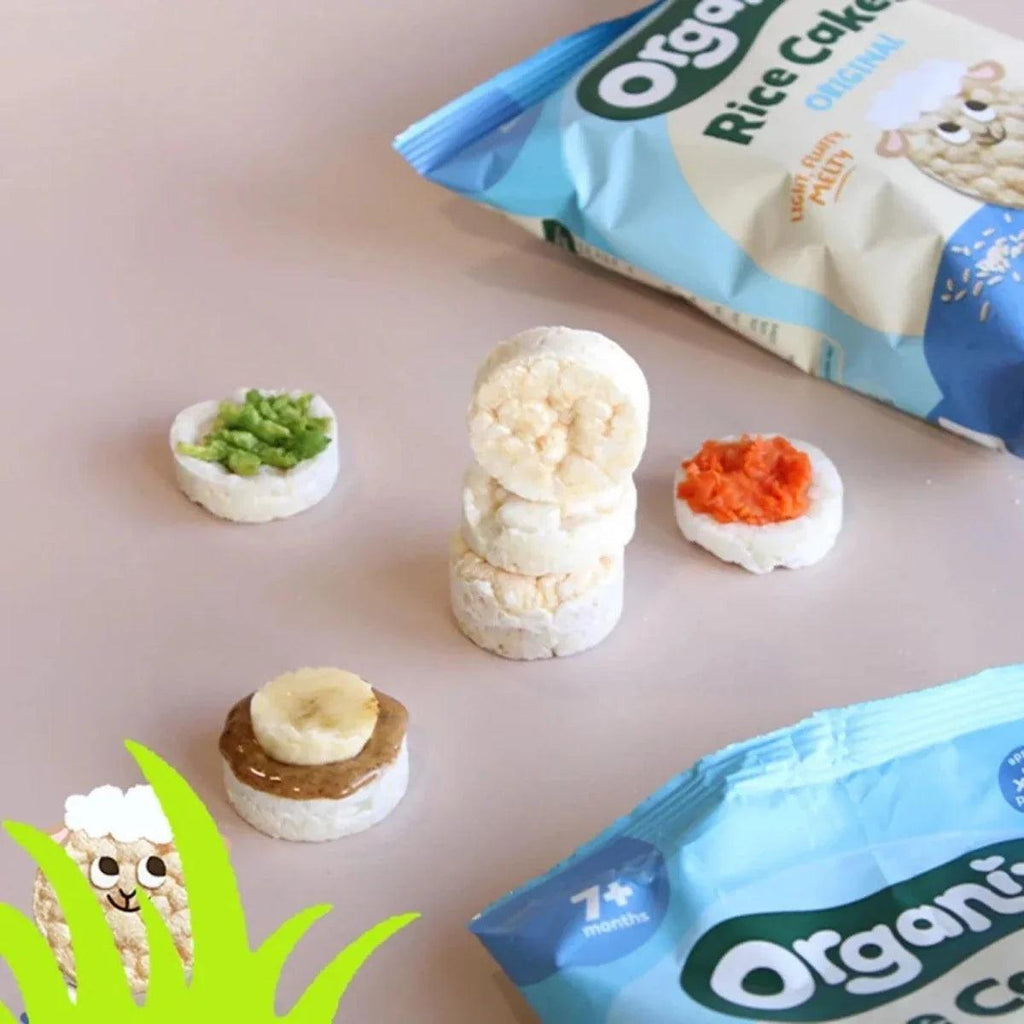 Organix rice cakes pouch with stacked rice cake pieces and small topping portions.
