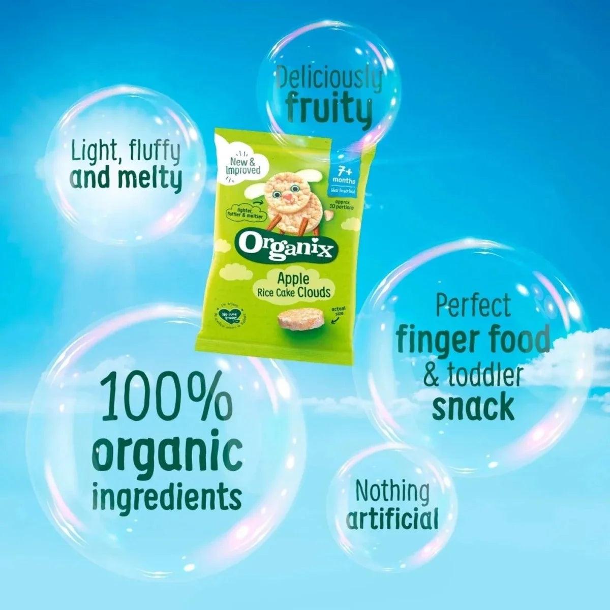 Green Organix apple rice cake clouds pouch with 100% organic ingredients callouts