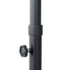 Dark grey umbrella pole joint with crank handle and circular mounting knob.