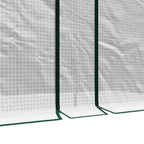White greenhouse fabric with green vertical supports and reinforced base edge