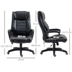 Black office chair with padded headrest, armrests, and front-to-side size diagram