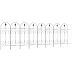 Black metal decorative picket fence panel with arched tops and finial ornaments