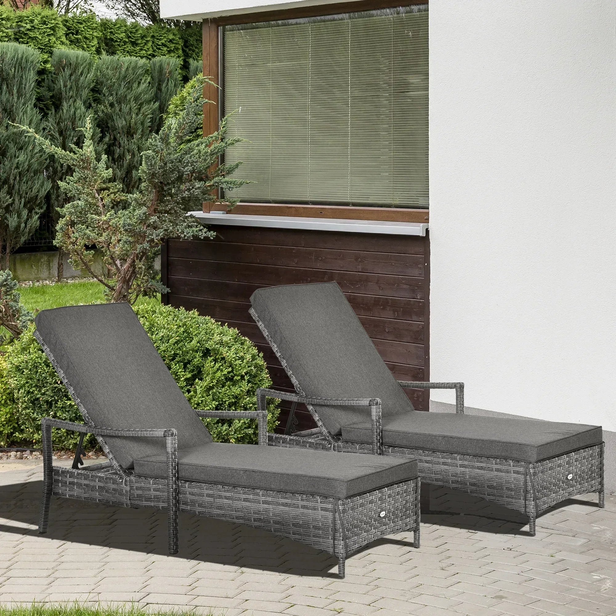 PE Rattan Sun Loungers set of 2 with Cushion, Outdoor 2 Pieces Garden Sunbed Furniture with 4-Level Recliner Backrest, and Armrest, Grey - Bobobiy