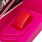 Pink rear trailer storage bin attached to the ride-on quad bike