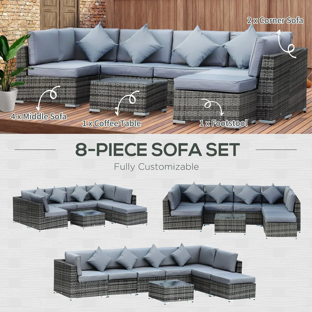 8 Piece Rattan Corner Sofa Set with Wide & Deep Seat, Assembled Aluminium PE Rattan Garden Furniture Set with Thick Cushions and Glass Top Table for Outdoor, Conservatory, Grey - Bobobiy