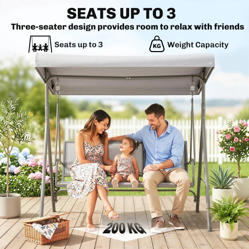 3 Seater Swing Chair, Garden Swing Bench with Canopy, Breathable Mesh Seat and Heavy Duty Steel Frame for Patio, Yard, Grey