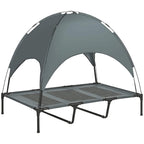 Grey elevated pet cot with breathable mesh top and arched canopy shelter