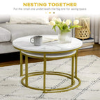 Large round white marble-look nesting coffee table with gold metal frame
