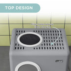 Grey cat litter box top lid with grated filter holes and circular front entry