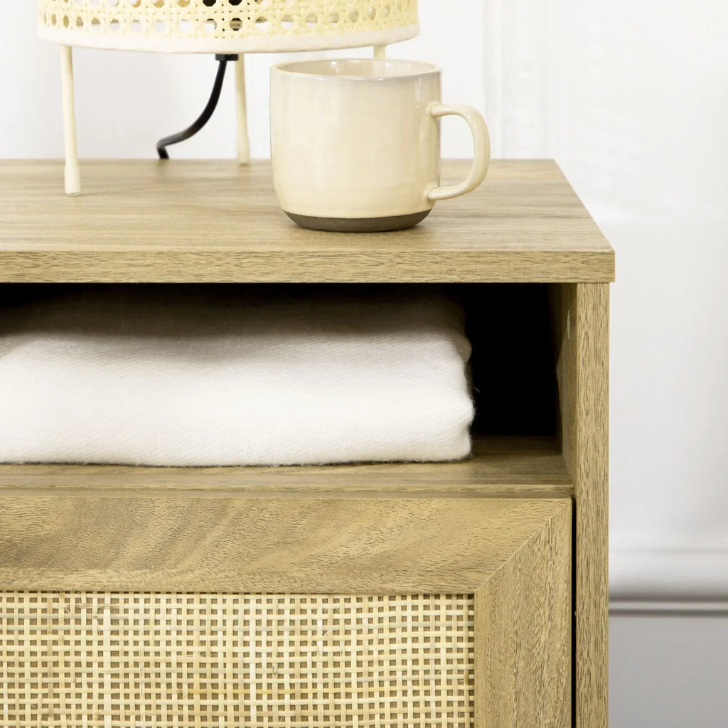 Bedside Table with Rattan Element, Side End Table with Shelf and Cupboard, 39cmx35cmx60cm, Natural - Bobobiy