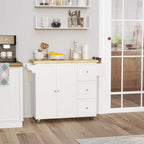 White rolling kitchen island with cabinet doors, drawers, and drop-leaf top