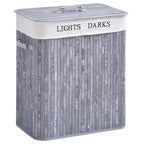 Grey fabric laundry hamper with hinged lid, LIGHTS and DARKS label on top