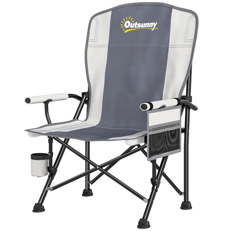 Light grey padded camping chair with metal folding frame and side table-style pocket