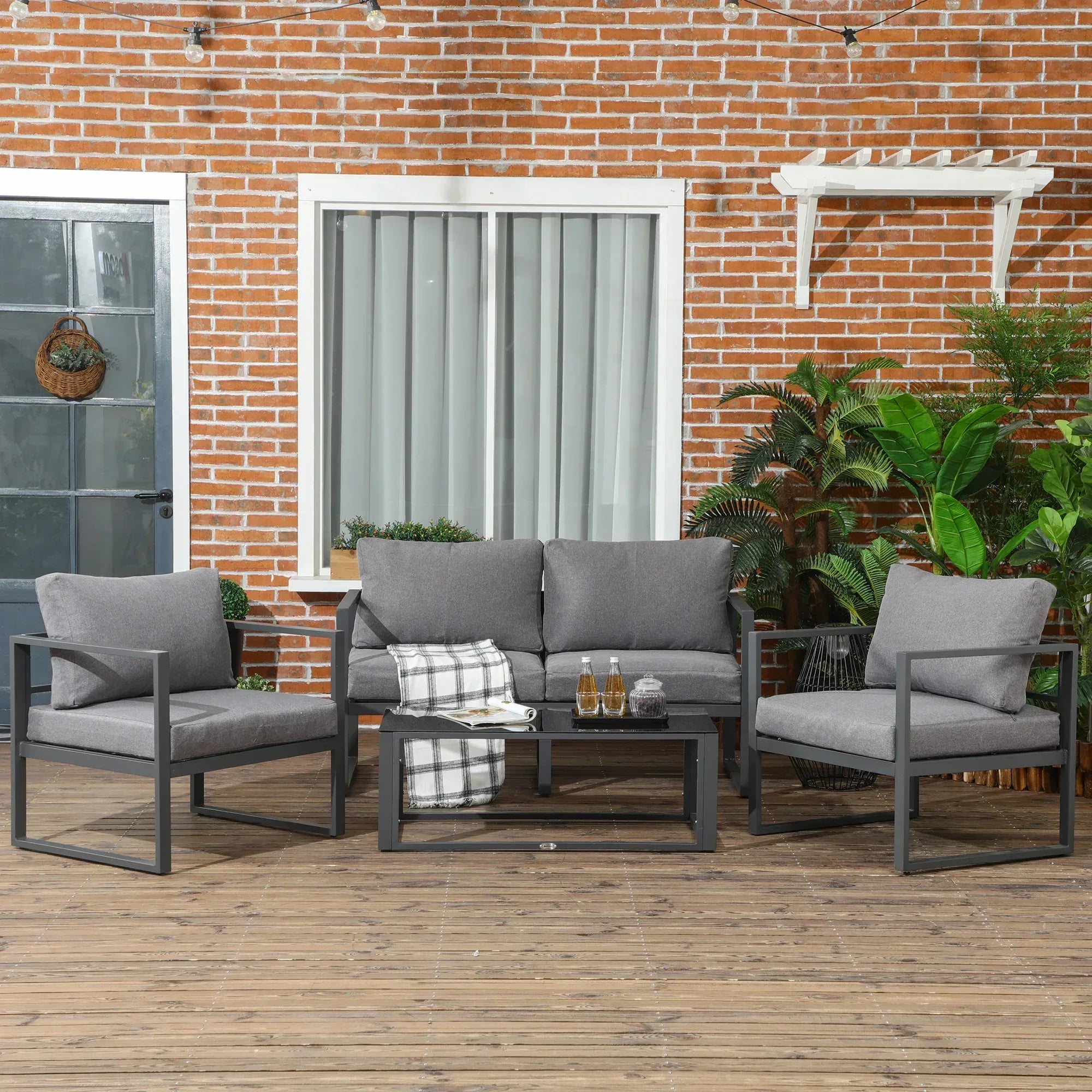 4 Pieces Garden Sofa Set 2 Single Armchair 1 Bench & Side Table Set Aluminium Frame Patio Furniture with Cushions Grey - Bobobiy