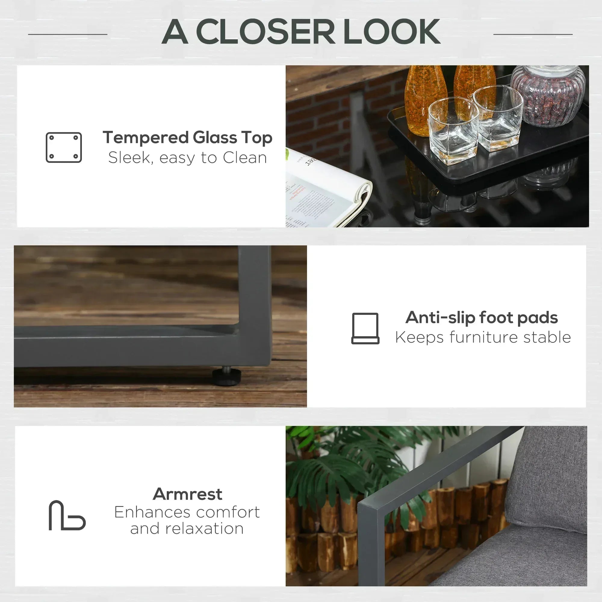 4 Pieces Garden Sofa Set 2 Single Armchair 1 Bench & Side Table Set Aluminium Frame Patio Furniture with Cushions Grey - Bobobiy